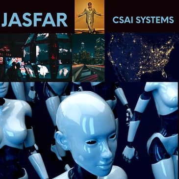 Collage showing futuristic robots and cityscapes with text JASFAR and CSAI SYSTEMS.