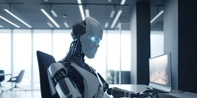 A futuristic robot working at a computer in a modern office.