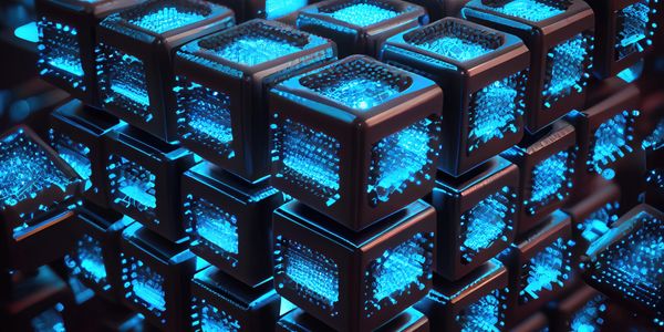 Glowing blue cubes with intricate internal structures arranged in a grid pattern.