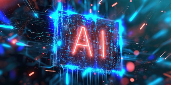 Glowing AI chip surrounded by digital circuitry and neon lights.