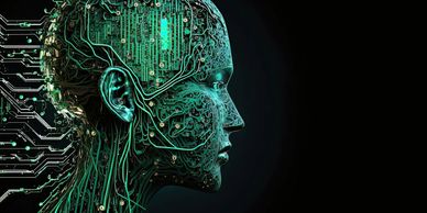 Profile of a human head merged with a digital circuit board design.