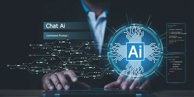 Person interacting with a digital AI interface labeled Chat AI.