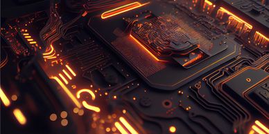 Close-up of a glowing, futuristic circuit board with intricate pathways.