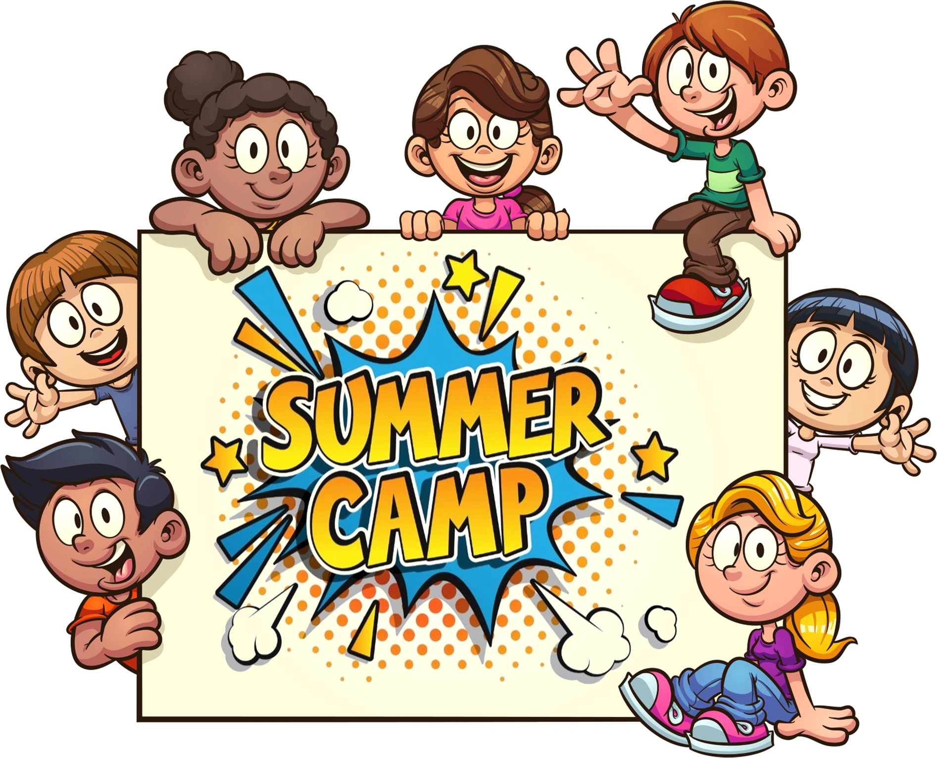 Group of cartoon kids sitting around a Summer Camp sign.
