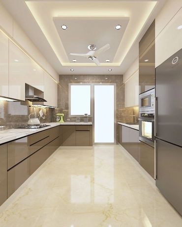 Modern kitchen with glossy cabinets, marble flooring, and ceiling fan lighting.