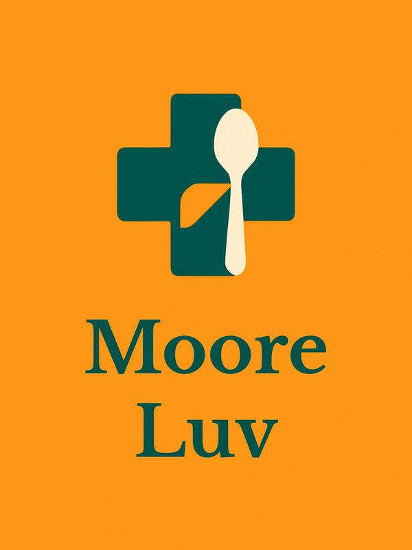 Logo with a medical cross and spoon, text reads 'Moore Luv'.