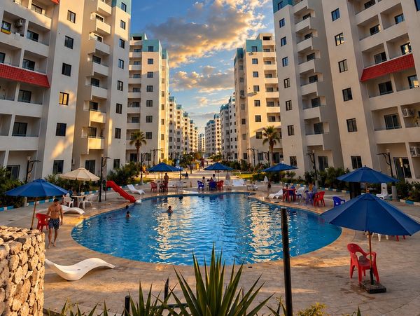 A residential pool area between high-rise buildings at sunset.