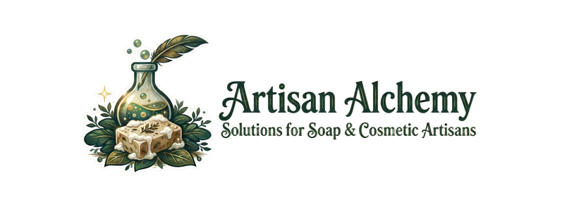 Artisan Alchemy  management software logo with a glass beaker, feather, and soap