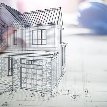 3D architectural house model over blueprint.