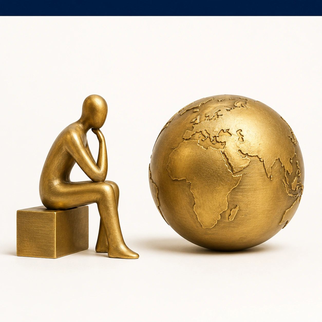 Golden sculpture of a figure thinking by a globe.
