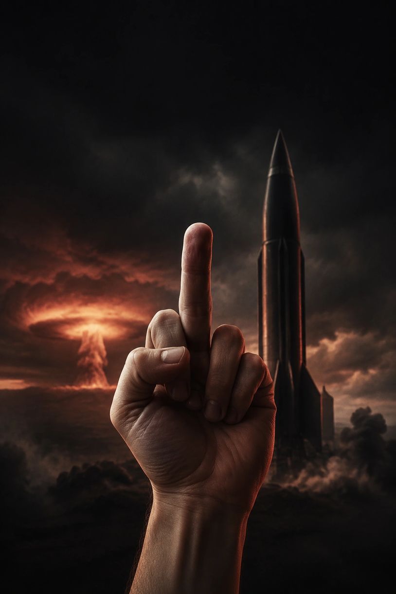 Hand showing middle finger in front of a missile and nuclear explosion.