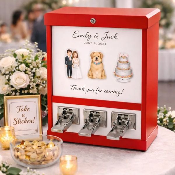 A red sticker dispenser with wedding-themed illustrations and a thank you message.