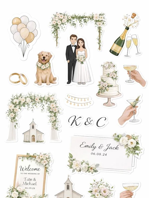 Wedding-themed stickers featuring a bride, groom, dog, flowers, cake, and celebratory items.