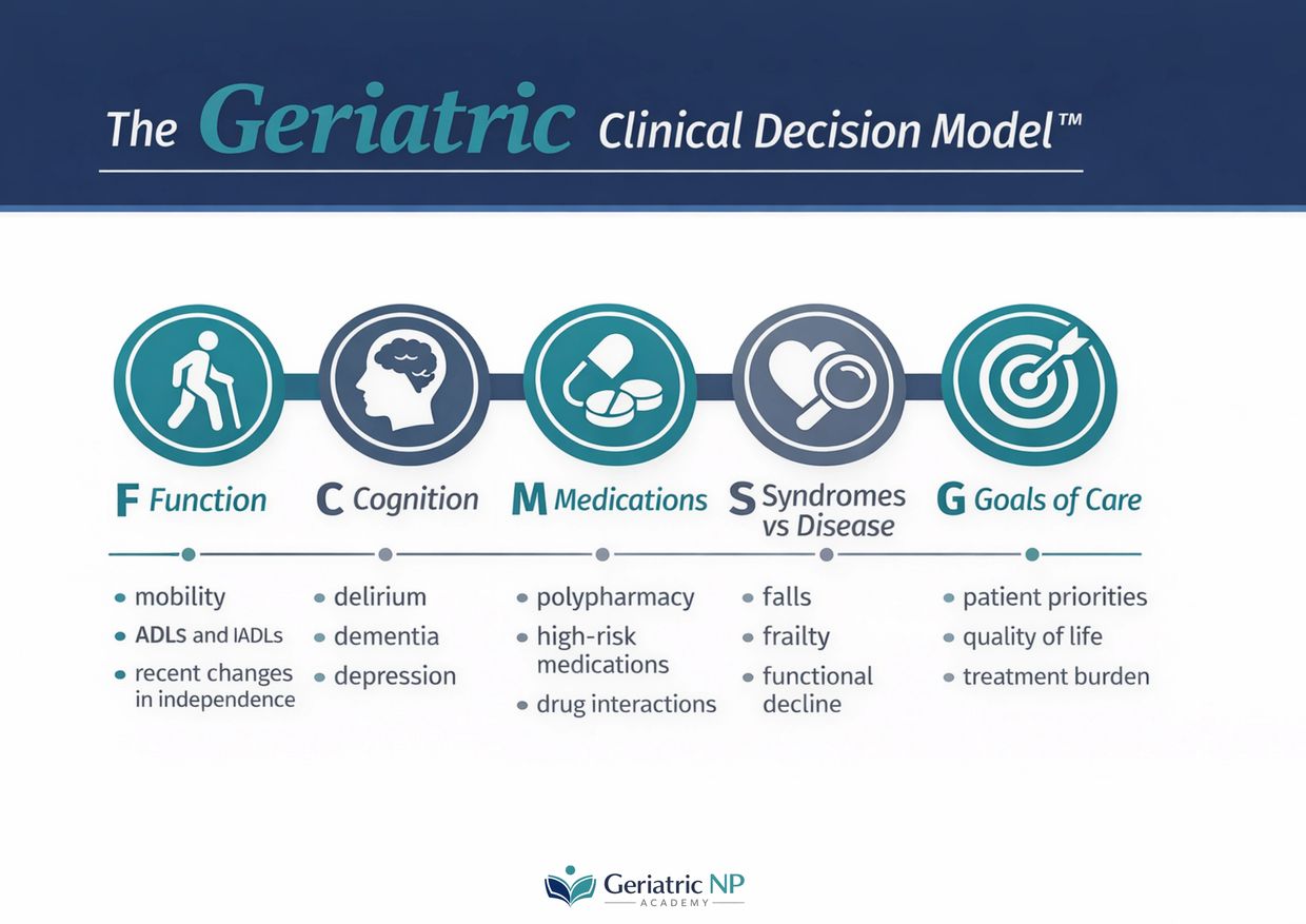 Geriatric Clinical Decision Model focusing on function, cognition, medications, syndromes, and goals of care.