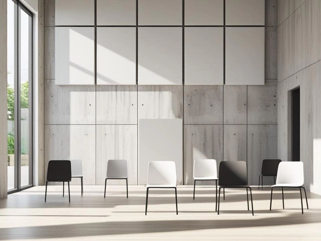 Minimalist meeting room with black and white chairs arranged in a spacious, sunlit concrete space.