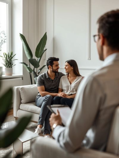 Couple sitting on a couch, talking to a therapist in a cozy room.