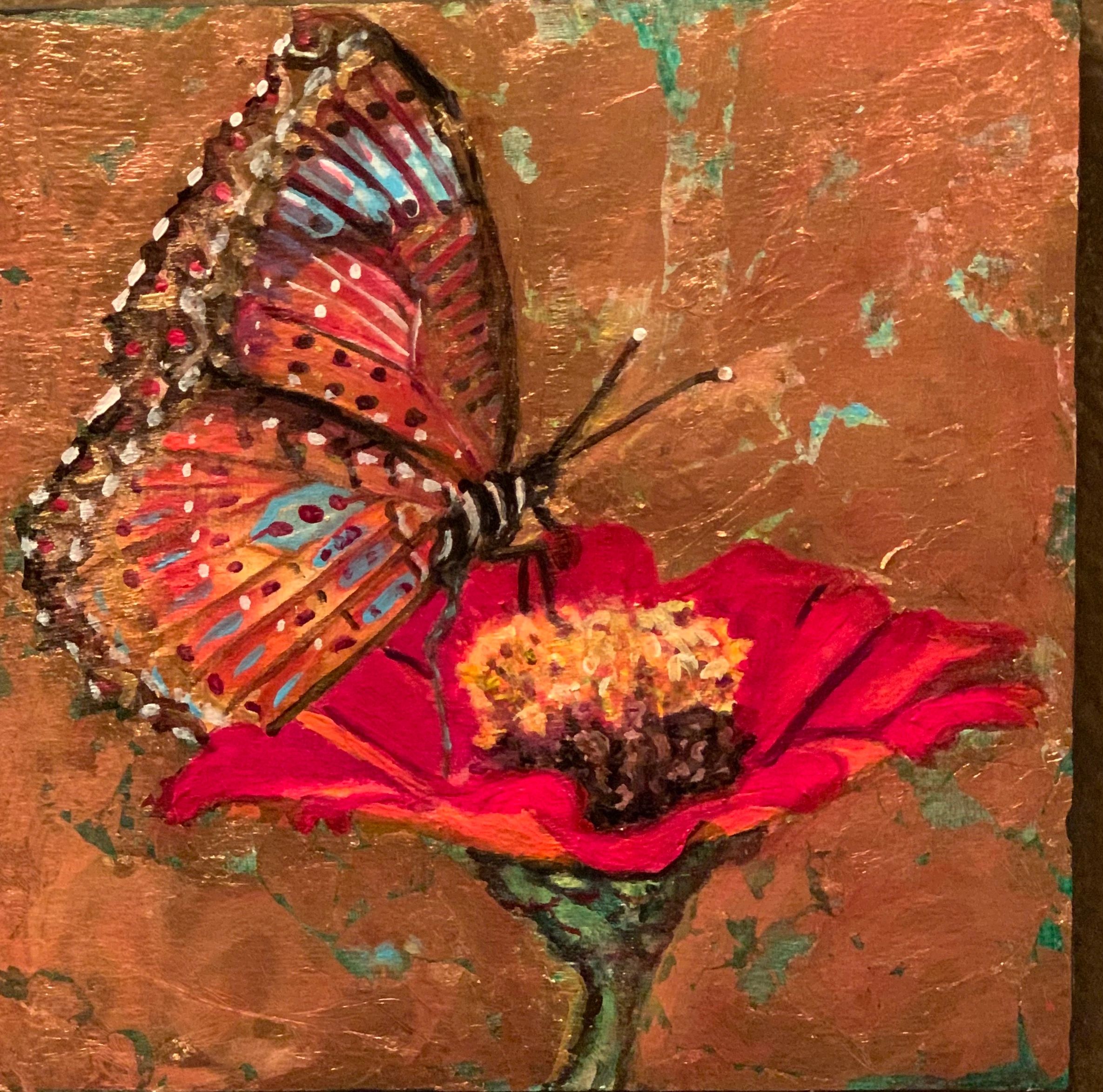 Close-up painting of a butterfly on a red flower.