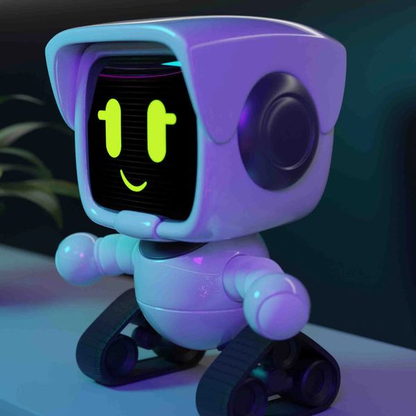 Cute robot with a smiling digital face and tank-like treads for mobility.