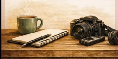 A rustic wooden table with a coffee mug, notebooks, pen, camera, and smartphone.