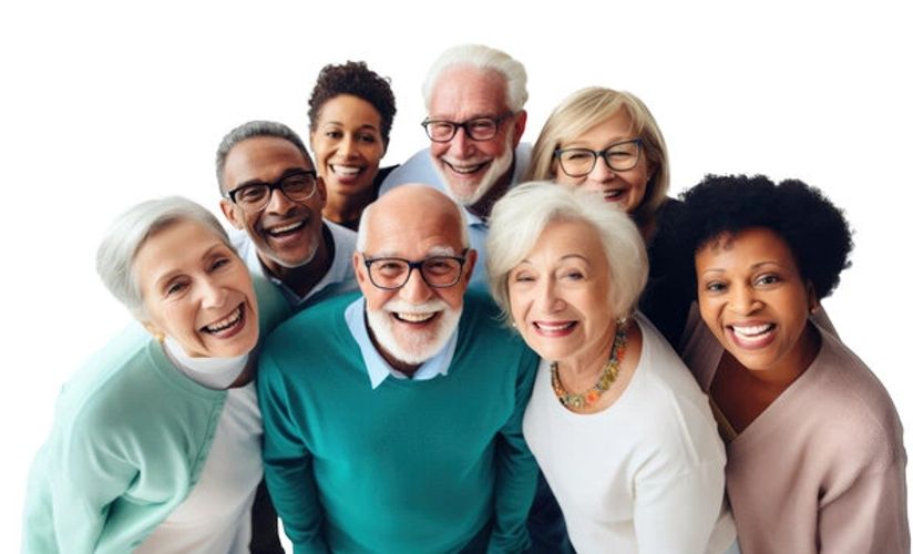 A group of diverse, happy senior adults smiling at the camera.