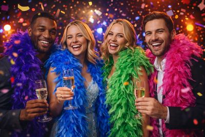Four friends in colorful feather boas celebrating with champagne and confetti.
