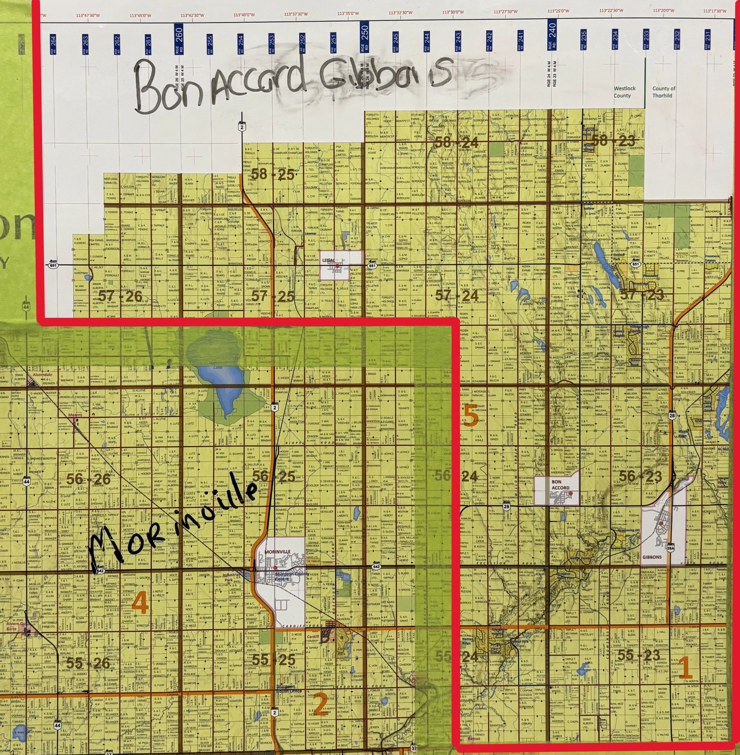 A detailed map marked with counties and a handwritten "Bon Accord Globais".