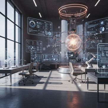 Futuristic tech lab with holographic displays and robotic arm.