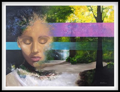 Surreal portrait blending a woman's face with a forest path, highlighted by colorful horizontal bands.