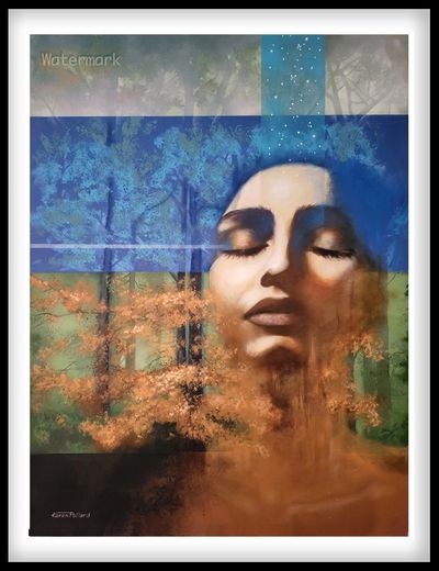 Surreal portrait blending a woman's face with a forest and sky.