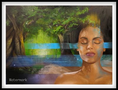 Woman with closed eyes in a surreal forest scene.