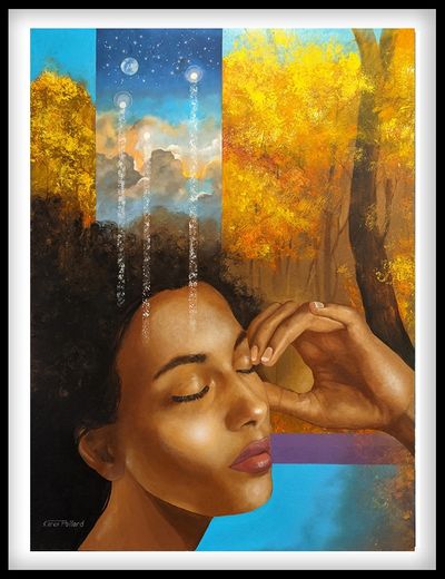 A serene woman with closed eyes amidst an autumn forest and celestial sky.