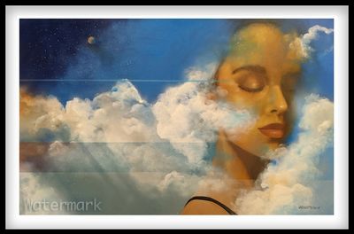 Surreal portrait blending a serene woman's face with dreamy clouds and sky.