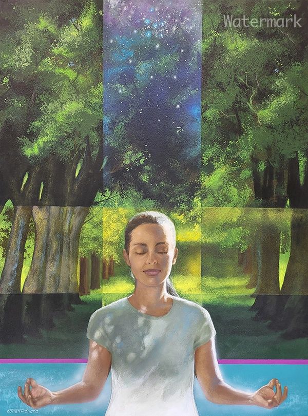 A meditating person surrounded by nature and starry sky.
