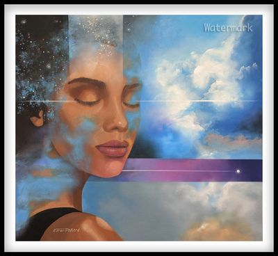 Surreal portrait blending a woman's face with cosmic and sky elements.