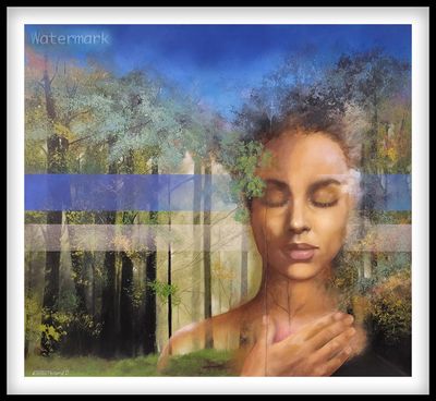 A serene woman with closed eyes blends into a forest scene, symbolizing harmony with nature.