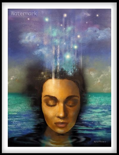 Surreal portrait of a woman with closed eyes blending into water and galaxy above.