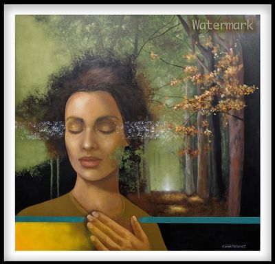 A serene woman with closed eyes blending into a mystical forest landscape.