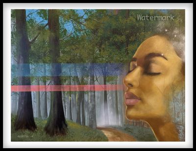 Dreamlike forest with a serene woman’s face merging into the scenery.