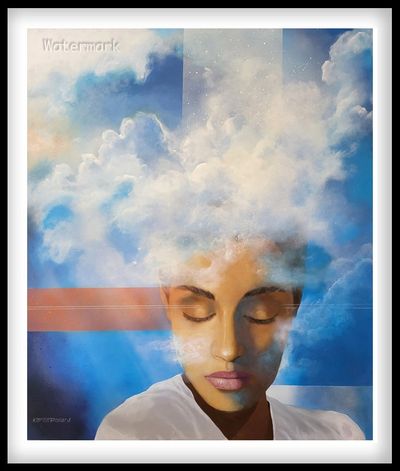 A dreamy portrait of a woman with clouds merging into her head.