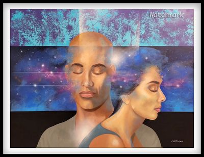 Surreal artwork showing two peaceful people with cosmic elements around their heads.