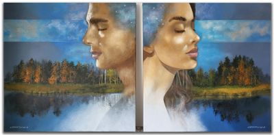 Two serene portraits blending with a peaceful lakeside landscape under a blue sky.
