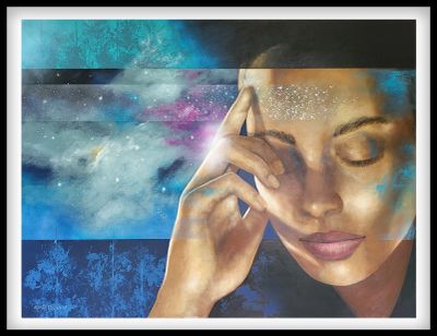 A woman with closed eyes appears contemplative with cosmic and abstract blue backgrounds.