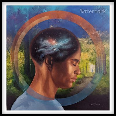 Profile of a man with a cosmic scene inside his head and a forest path in the background.