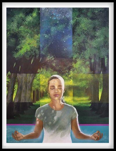 A woman meditates peacefully in a forest with a starry night overlay.