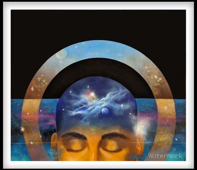 Surreal portrait blending cosmic elements within a meditative human head.