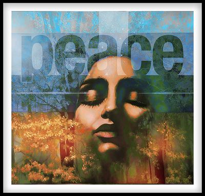 Serene face with closed eyes blending into nature, with 'peace' text above.