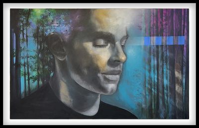 Portrait of a serene man with closed eyes, blending into a mystical forest background.