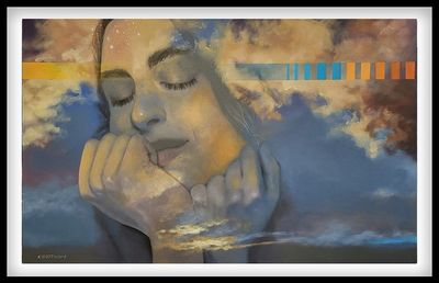 Surreal painting of a woman's face blending with clouds.