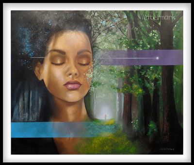 Surreal portrait blending a woman's face with a mystical forest scene and cosmic elements.