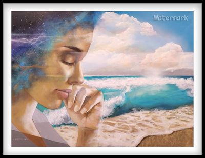A thoughtful woman with cosmic elements blending into a serene ocean scene.